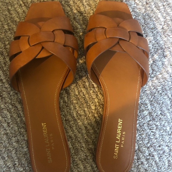saint laurent woven leather sandal slide